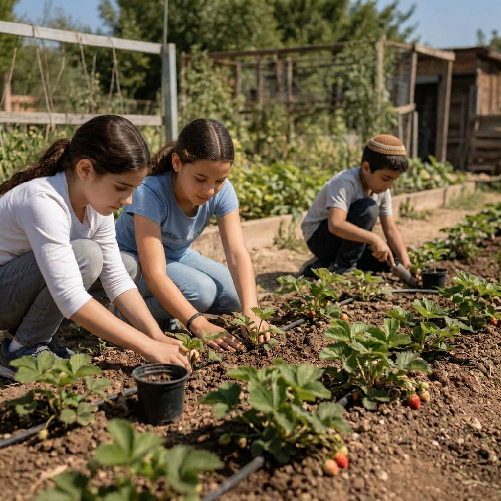 ילדים וילדות שותלים צמחים באדמה בגינה