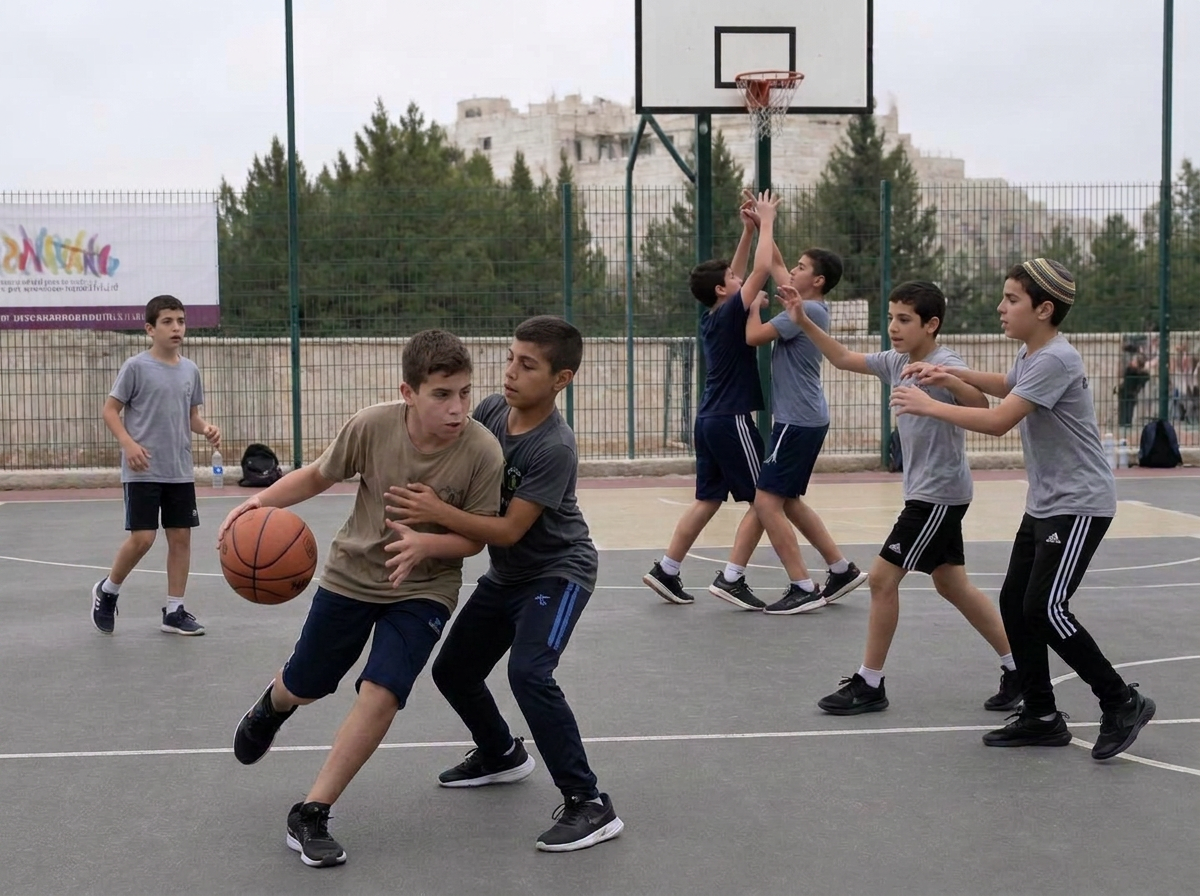 בנים בגילאי 10-12 משחקים כדורסל במגרש